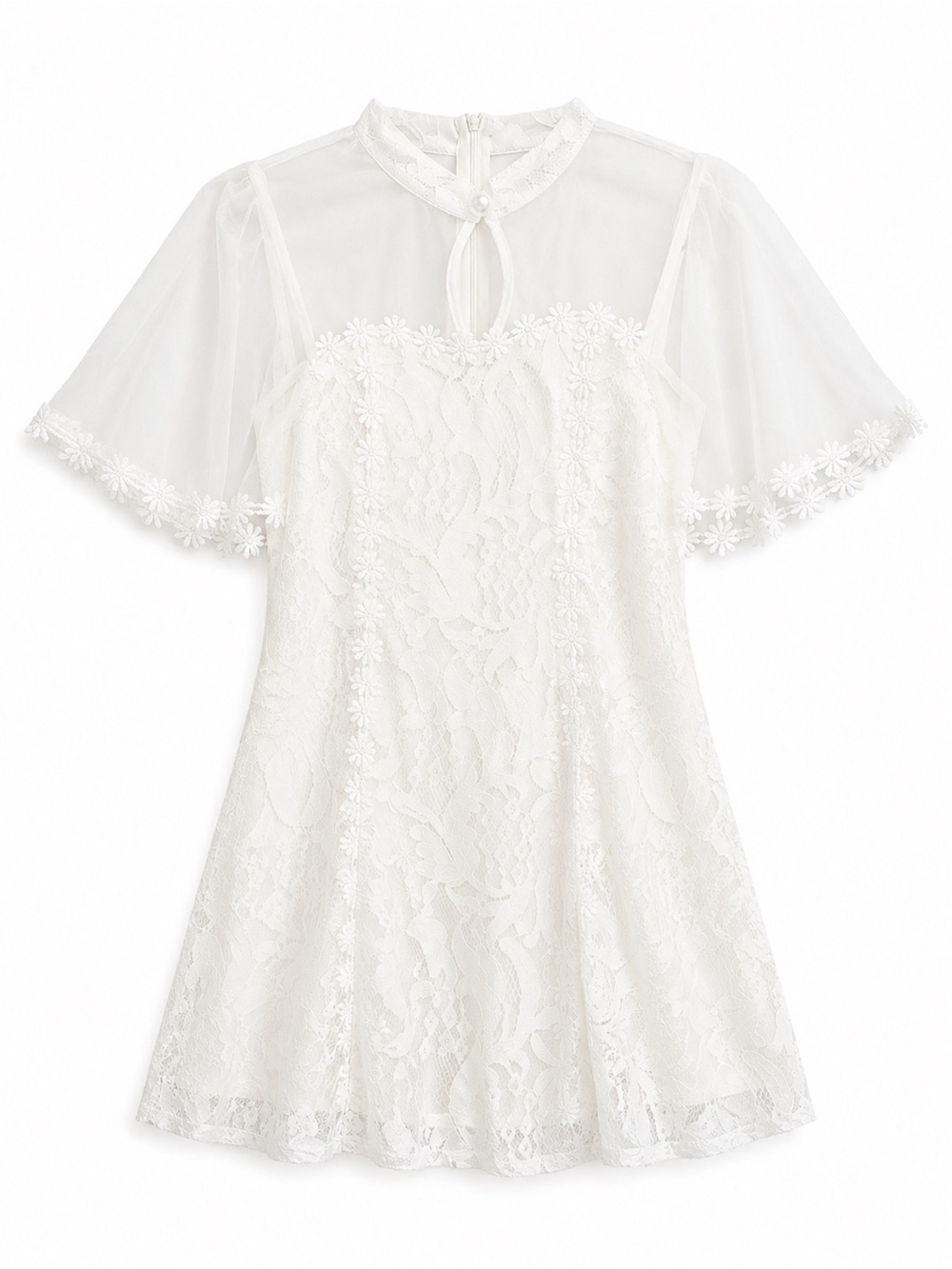 White Lace Mini Dress with Sheer Capelet • Floral Lace • Short Sleeve • NWT